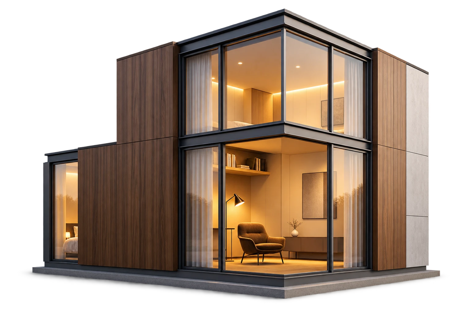 Contemporary two-storey modular home with timber cladding and warm interior lighting