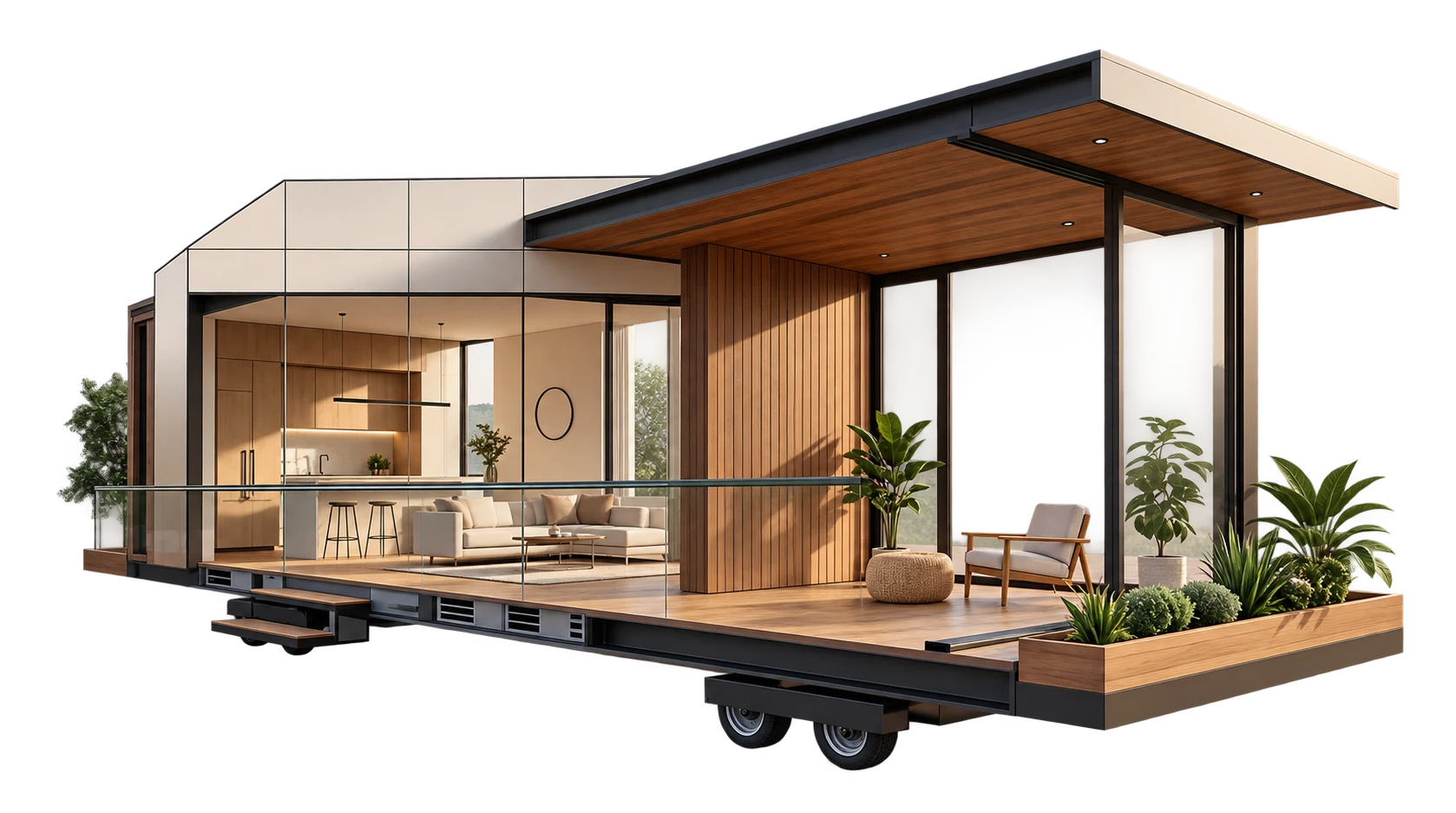 Contemporary expandable modular home with warm timber finishes
