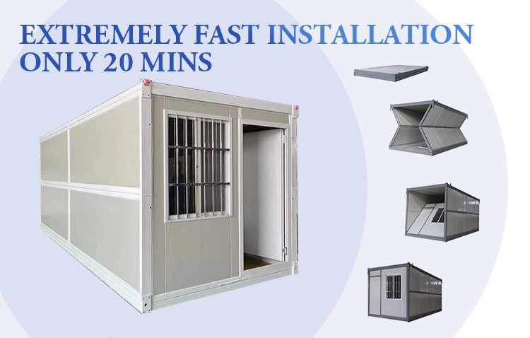 A folding container house being deployed.